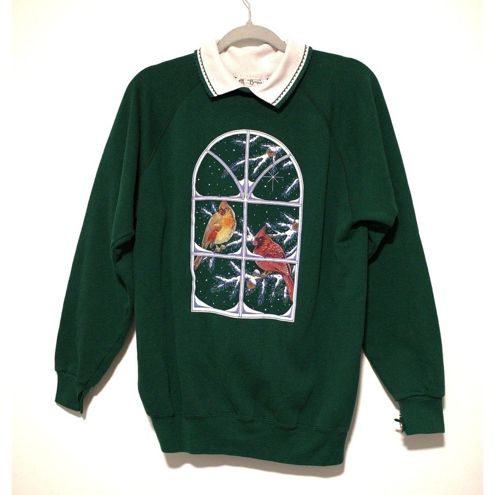 Vintage Cracker Barrel Cardinal Window Sweatshirt Green Double Collar Pullover